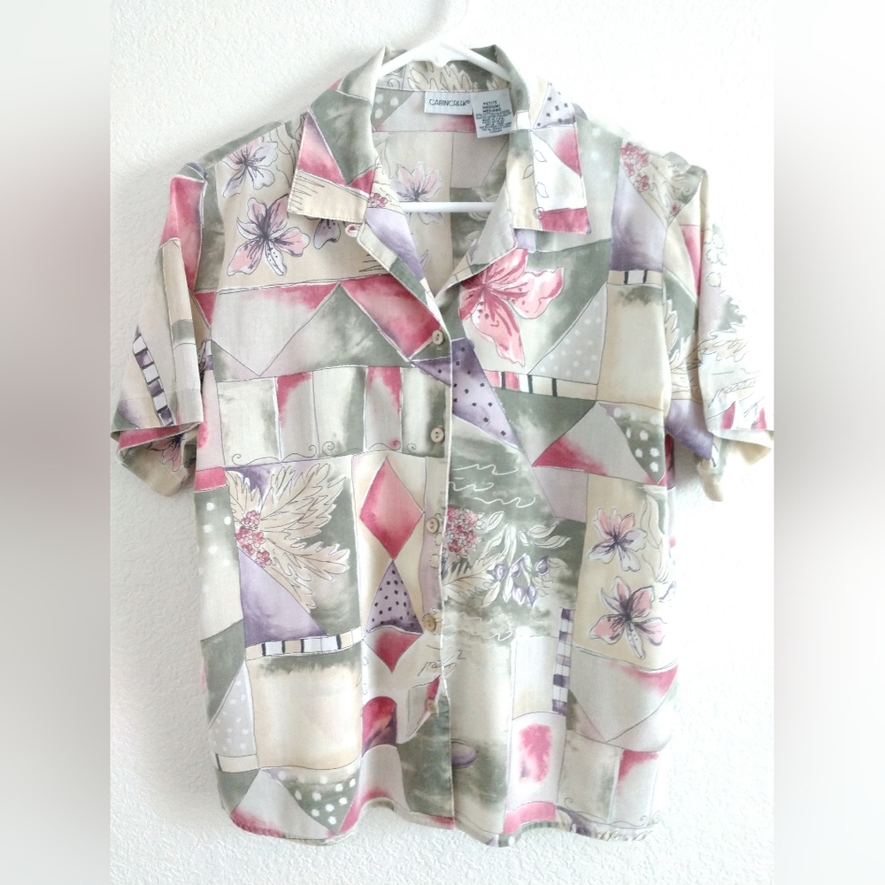 Vintage Cabin Creek Women's Camp Shirt Floral Geometric Print Short Sleeve PM